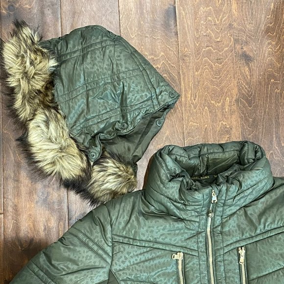 Michael Kors Michael Faux-Fur-Trim Hooded Mixed-Media Puffer Coat in Green XXL - Picture 11 of 15